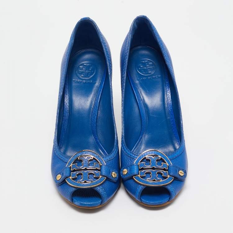 Pre Owned Tory Burch Blue Leather Amanda Wedge Pumps Size 41.5