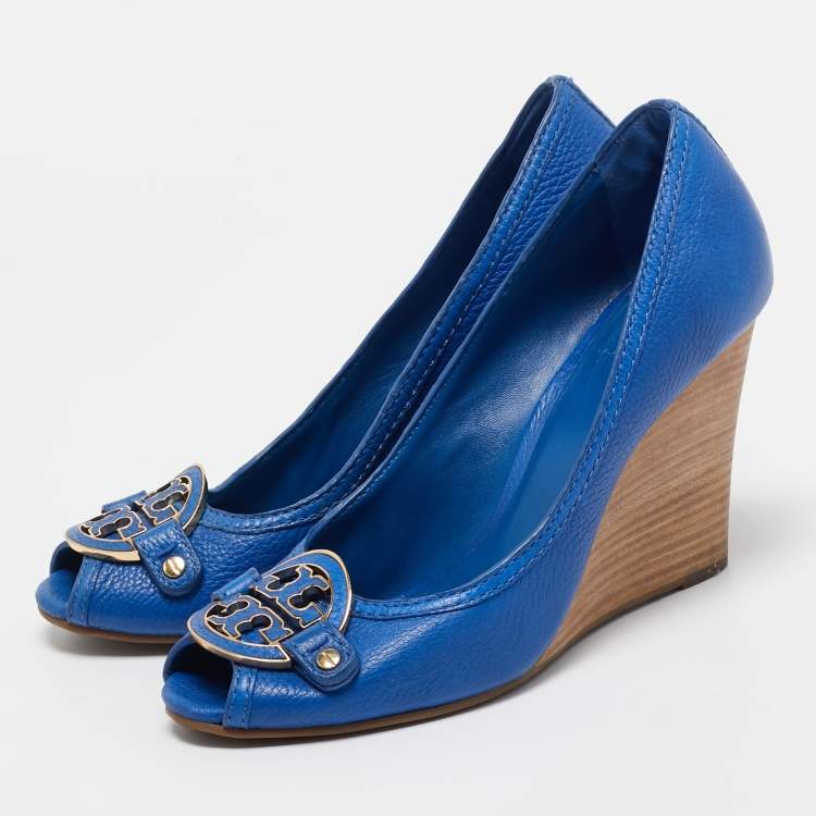 Pre Owned Tory Burch Blue Leather Amanda Wedge Pumps Size 41.5