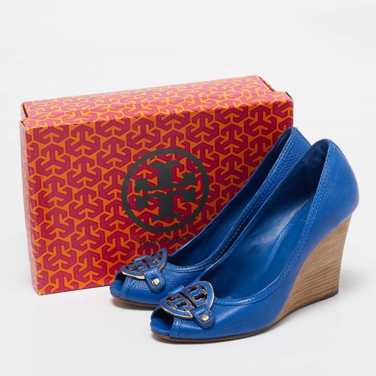 Pre Owned Tory Burch Blue Leather Amanda Wedge Pumps Size 41.5
