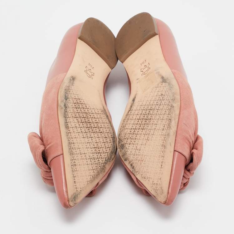 Pre Owned Tory Burch Pink Leather and Suede Knotted Bow Ballet Flats Size 37.5