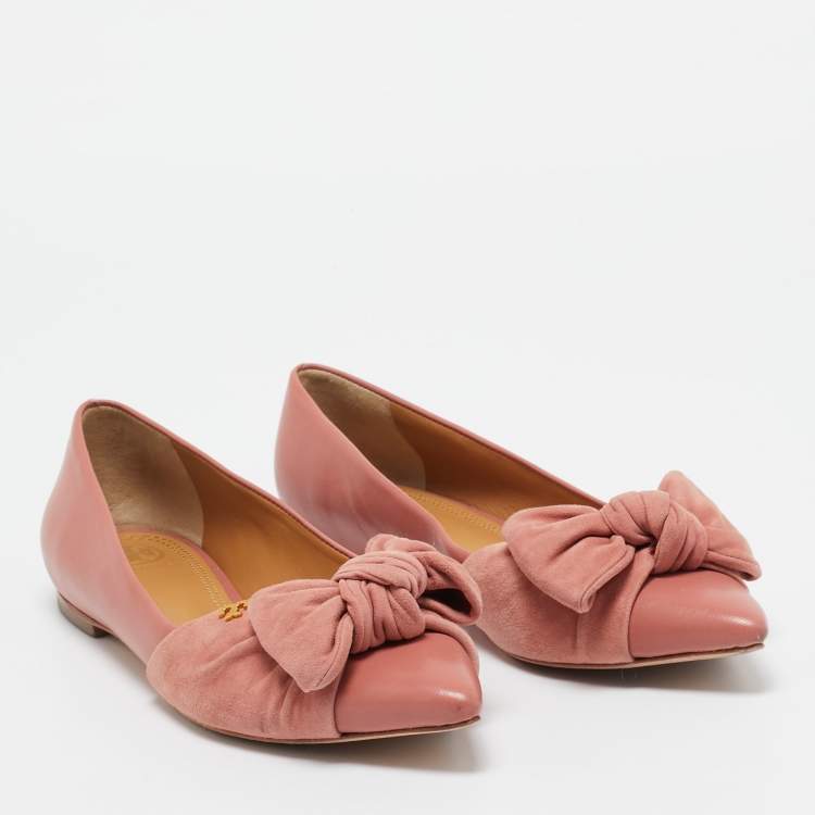 Pre Owned Tory Burch Pink Leather and Suede Knotted Bow Ballet Flats Size 37.5
