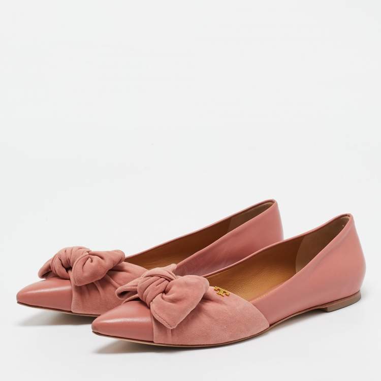 Pre Owned Tory Burch Pink Leather and Suede Knotted Bow Ballet Flats Size 37.5