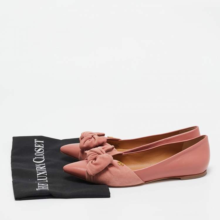 Pre Owned Tory Burch Pink Leather and Suede Knotted Bow Ballet Flats Size 37.5