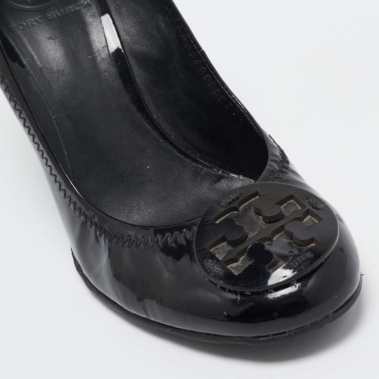 Pre Owned Tory Burch Black Patent Leather Wedge Pumps Size 38
