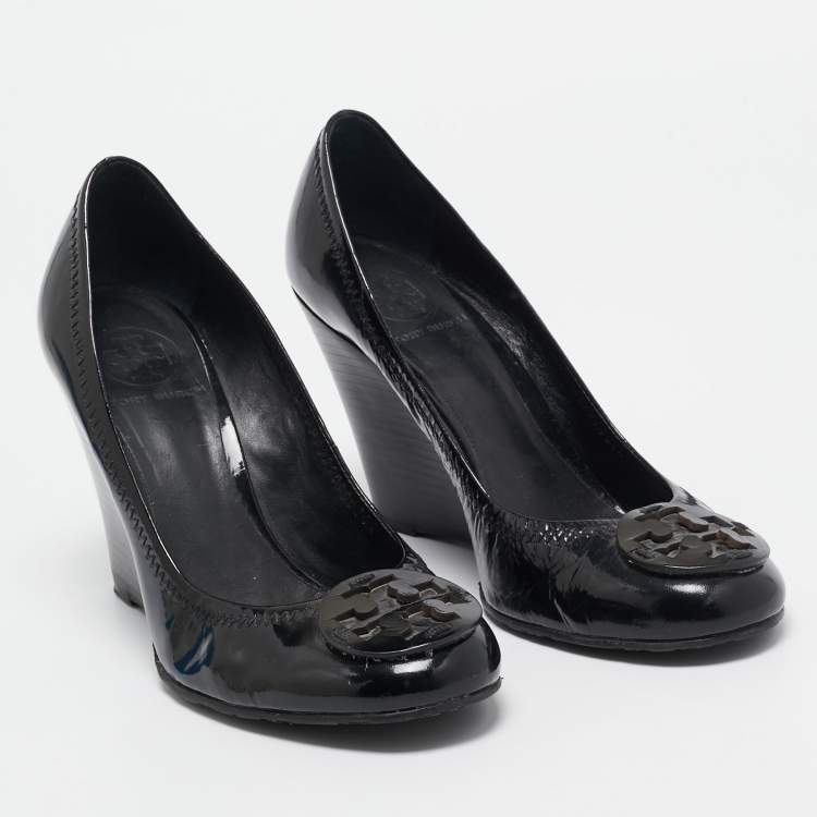 Pre Owned Tory Burch Black Patent Leather Wedge Pumps Size 38