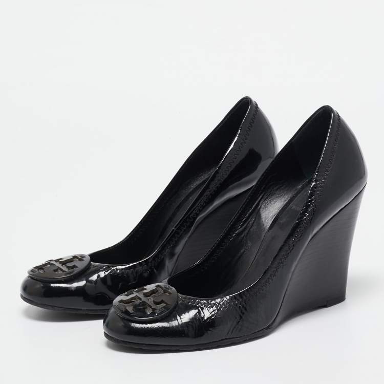 Pre Owned Tory Burch Black Patent Leather Wedge Pumps Size 38