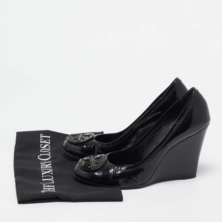 Pre Owned Tory Burch Black Patent Leather Wedge Pumps Size 38