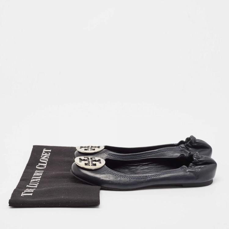 Pre Owned Tory Burch Navy Blue Leather Reva Ballet Flats Size 39