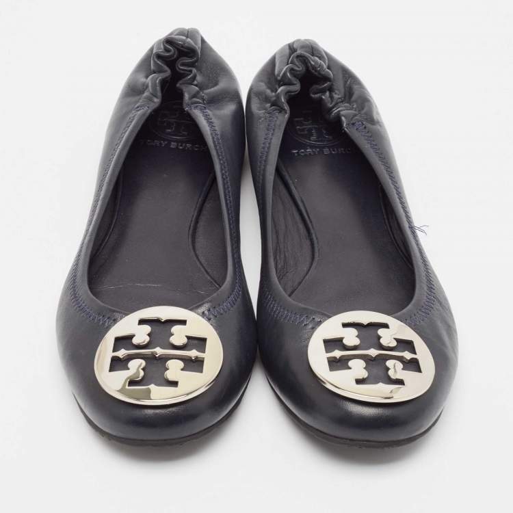 Pre Owned Tory Burch Navy Blue Leather Reva Ballet Flats Size 39