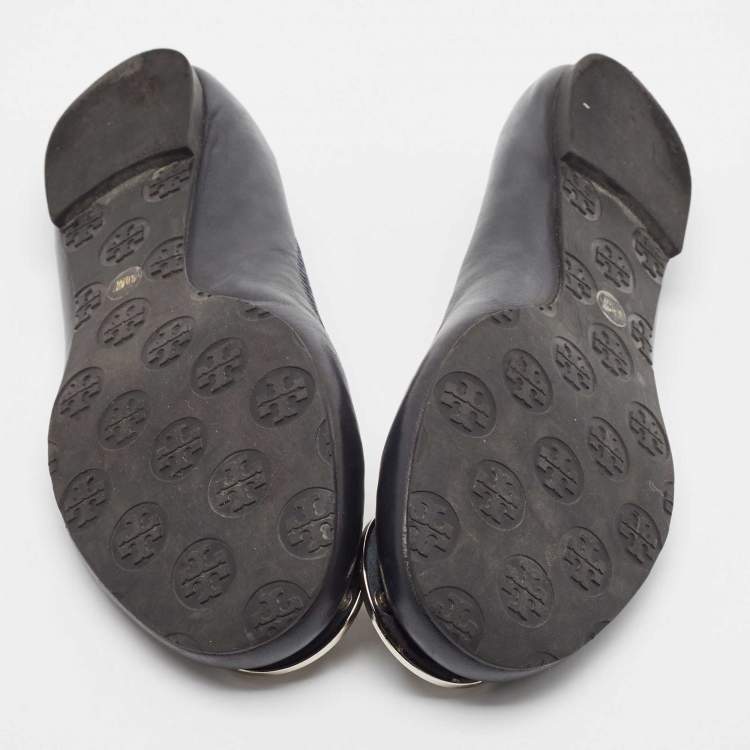 Pre Owned Tory Burch Navy Blue Leather Reva Ballet Flats Size 39
