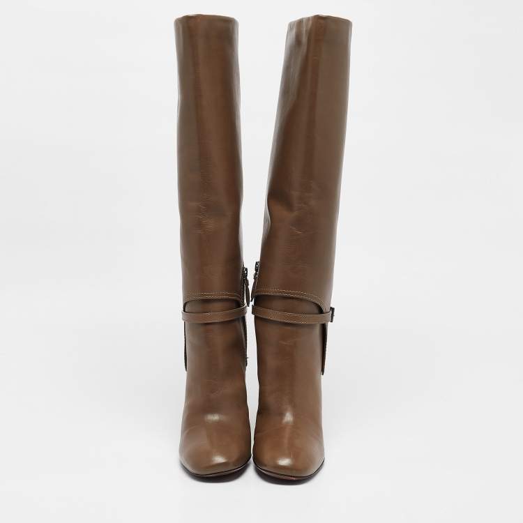 Pre Owned Tory Burch Olive Green Leather Faye Knee Length Boots Size 40