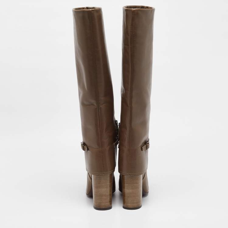 Pre Owned Tory Burch Olive Green Leather Faye Knee Length Boots Size 40
