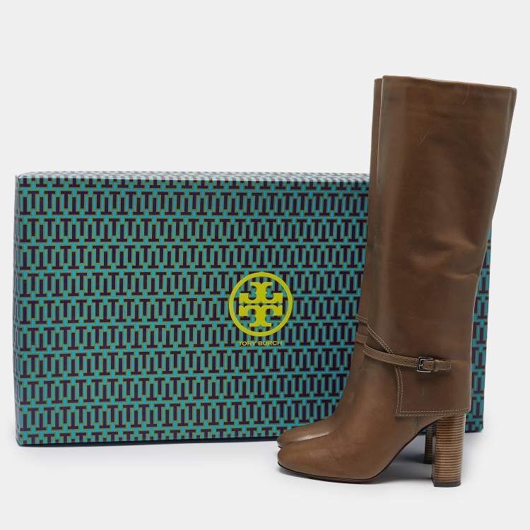 Pre Owned Tory Burch Olive Green Leather Faye Knee Length Boots Size 40