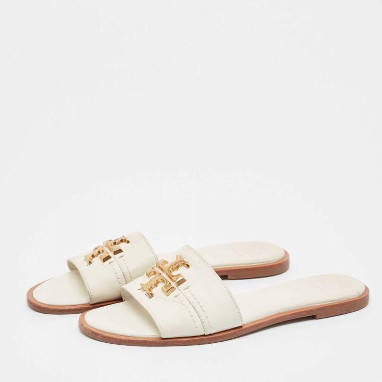 Pre Owned Tory Burch White Leather Everly Flat Slides Size 38.5