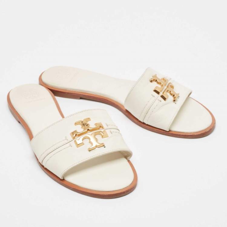 Pre Owned Tory Burch White Leather Everly Flat Slides Size 38.5