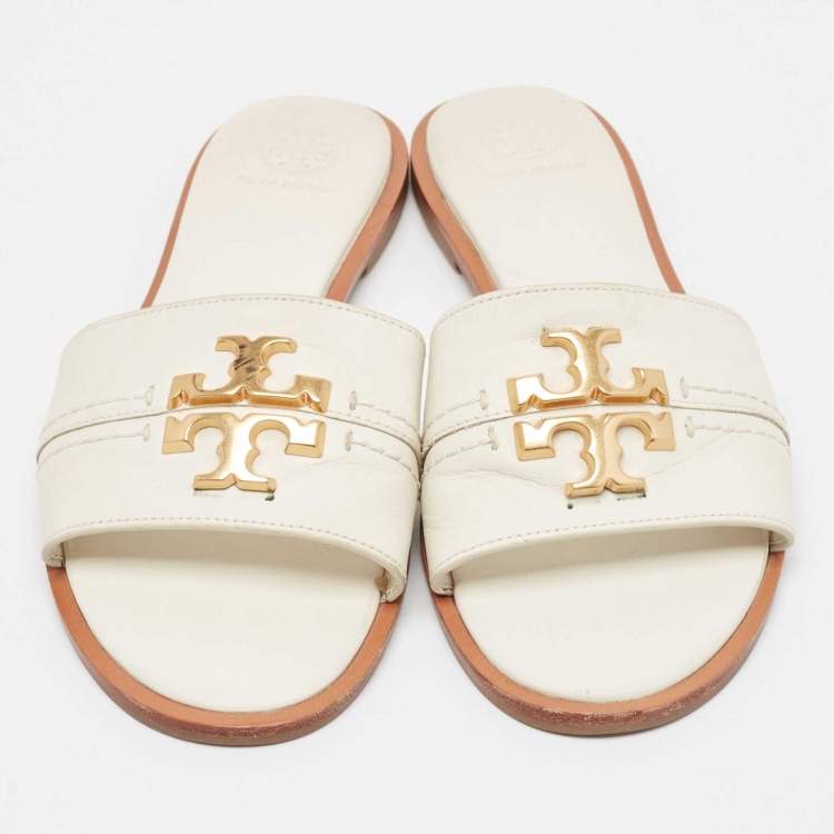Pre Owned Tory Burch White Leather Everly Flat Slides Size 38.5