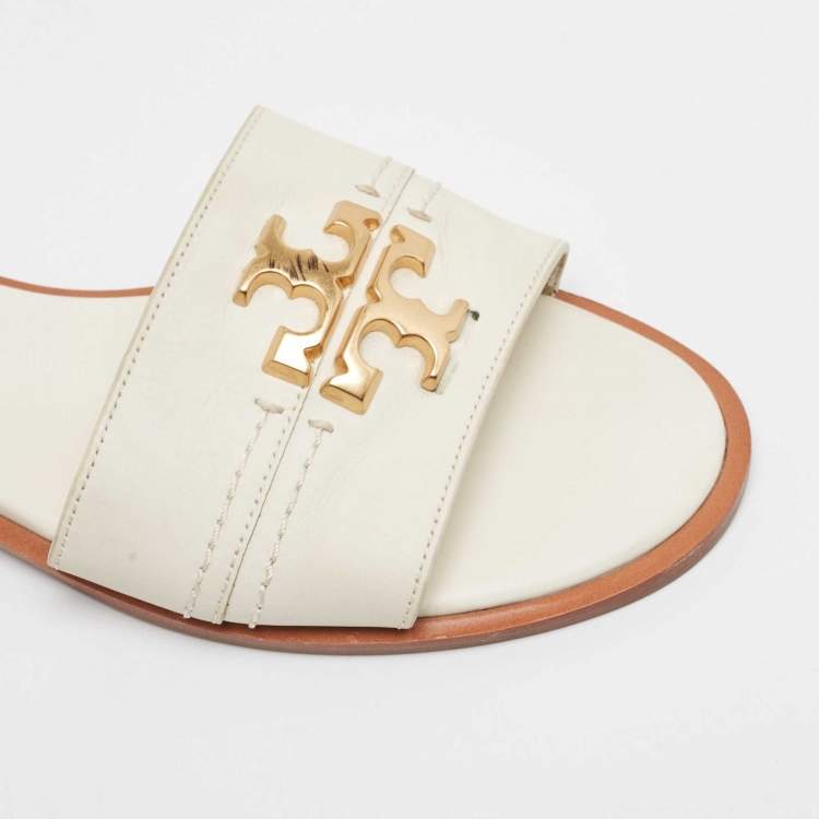 Pre Owned Tory Burch White Leather Everly Flat Slides Size 38.5