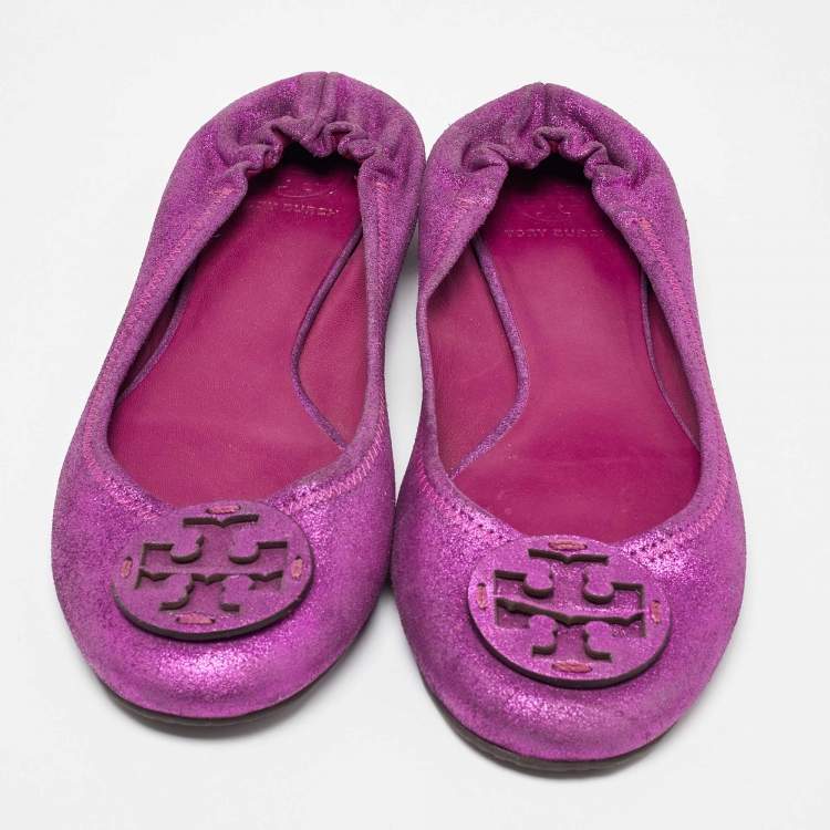 Pre Owned Tory Burch Pink Metallic Leather Reva Scrunch Ballet Flats Size 41