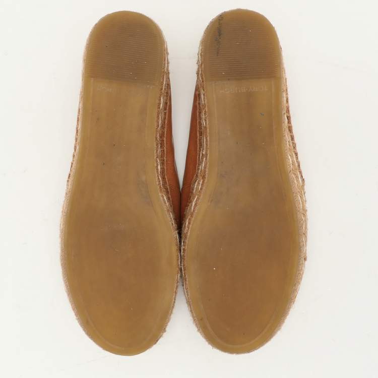 Pre Owned Tory Burch Brown Leather Espadrille Flats Size 37