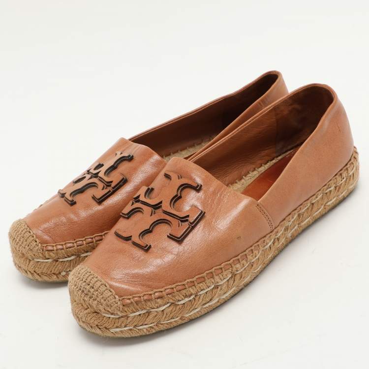 Pre Owned Tory Burch Brown Leather Espadrille Flats Size 37
