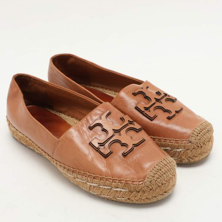 Pre Owned Tory Burch Brown Leather Espadrille Flats Size 37