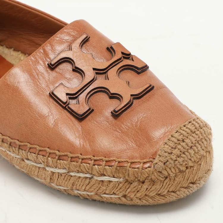 Pre Owned Tory Burch Brown Leather Espadrille Flats Size 37