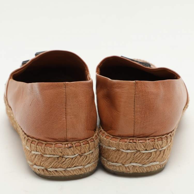 Pre Owned Tory Burch Brown Leather Espadrille Flats Size 37