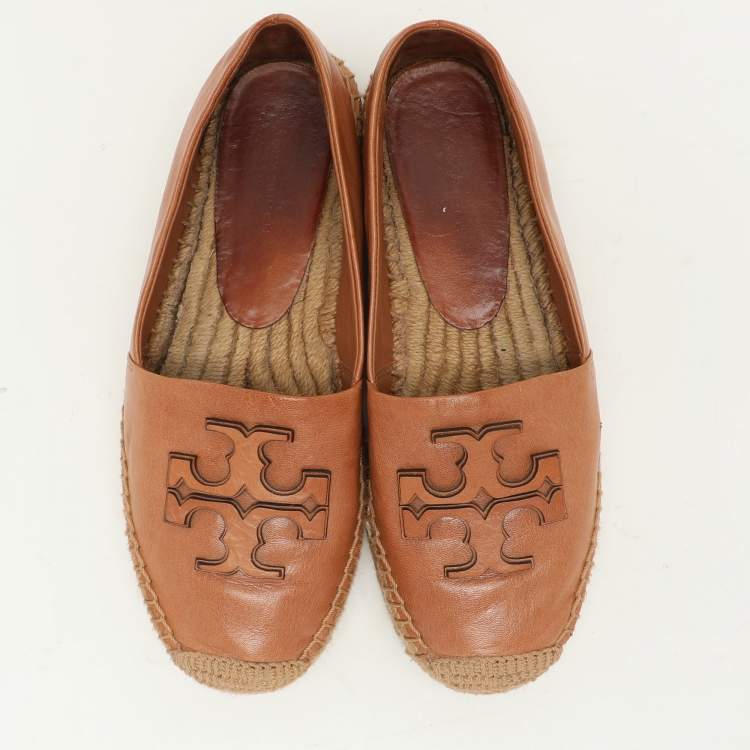 Pre Owned Tory Burch Brown Leather Espadrille Flats Size 37