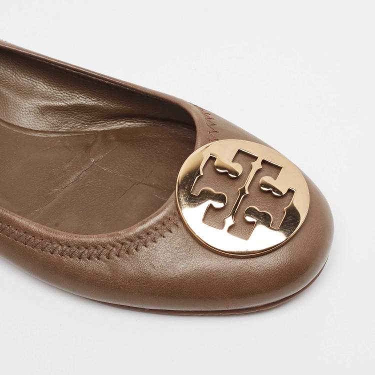 Pre Owned Tory Burch Brown Leather Reva Scrunch Ballet Flats Size 38.5