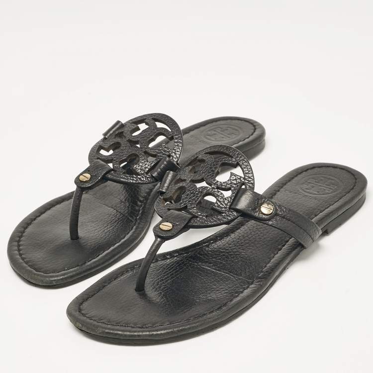Pre Owned Tory Burch Black Leather Logo Miller Thong Flats Size 37