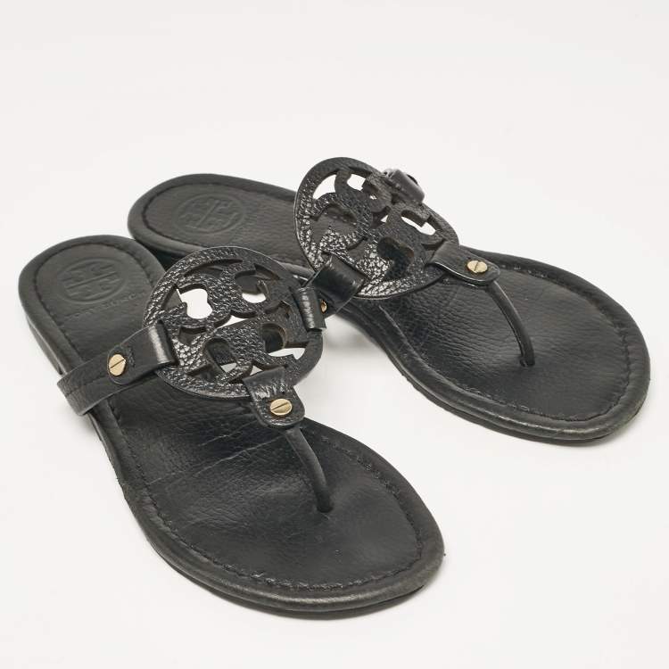 Pre Owned Tory Burch Black Leather Logo Miller Thong Flats Size 37