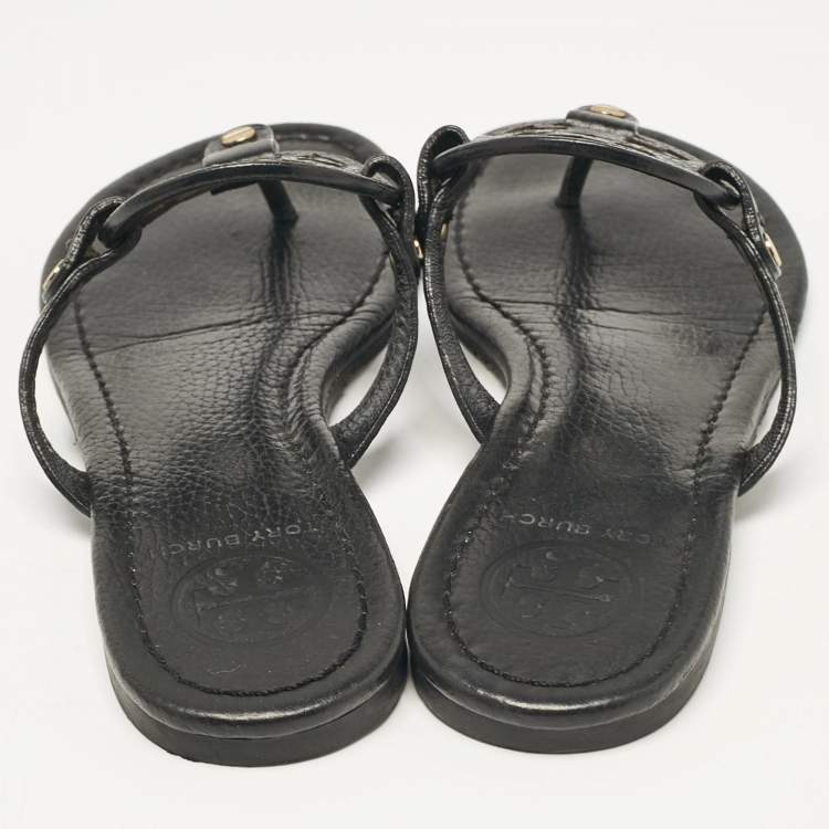 Pre Owned Tory Burch Black Leather Logo Miller Thong Flats Size 37