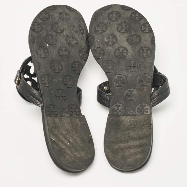 Pre Owned Tory Burch Black Leather Logo Miller Thong Flats Size 37