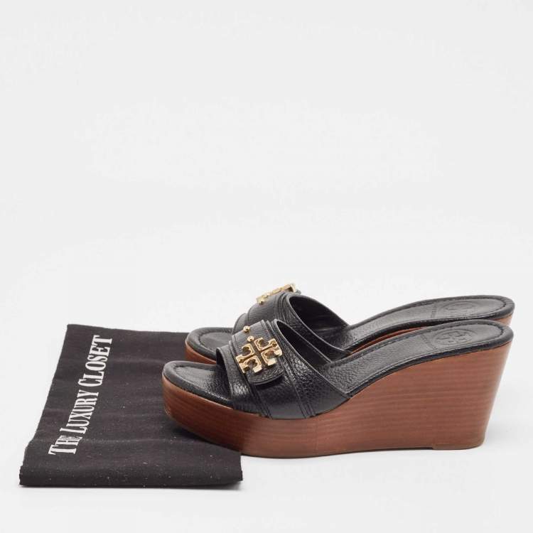 Pre Owned Tory Burch Black Leather Elina Wedge Slide Sandals Size 38