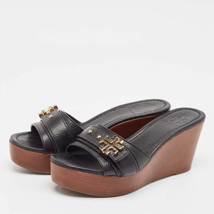 Pre Owned Tory Burch Black Leather Elina Wedge Slide Sandals Size 38
