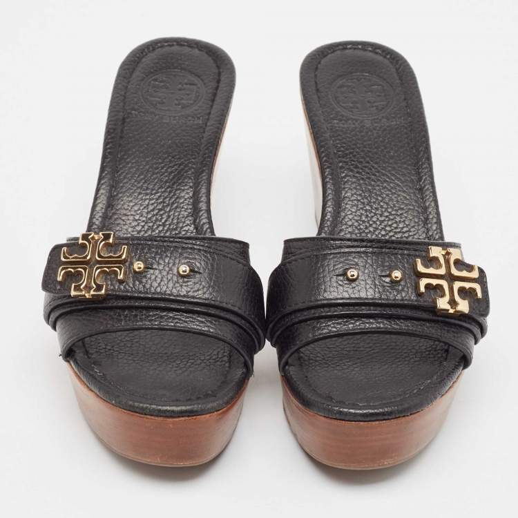 Pre Owned Tory Burch Black Leather Elina Wedge Slide Sandals Size 38