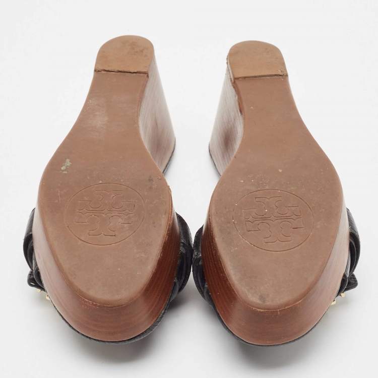 Pre Owned Tory Burch Black Leather Elina Wedge Slide Sandals Size 38