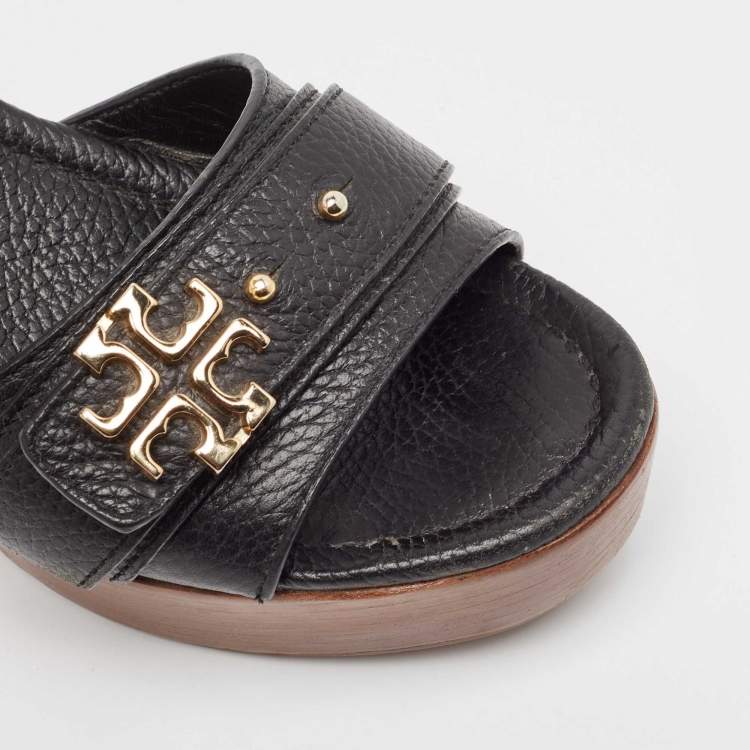 Pre Owned Tory Burch Black Leather Elina Wedge Slide Sandals Size 38