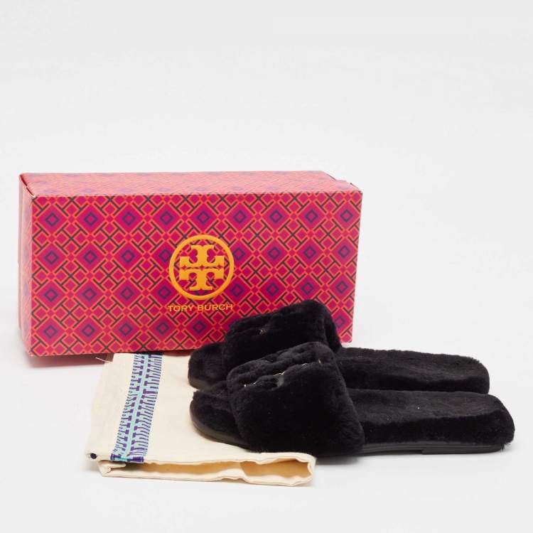 Pre Owned Tory Burch Black Shearling Fur Double T Flat Slides Size 37.5