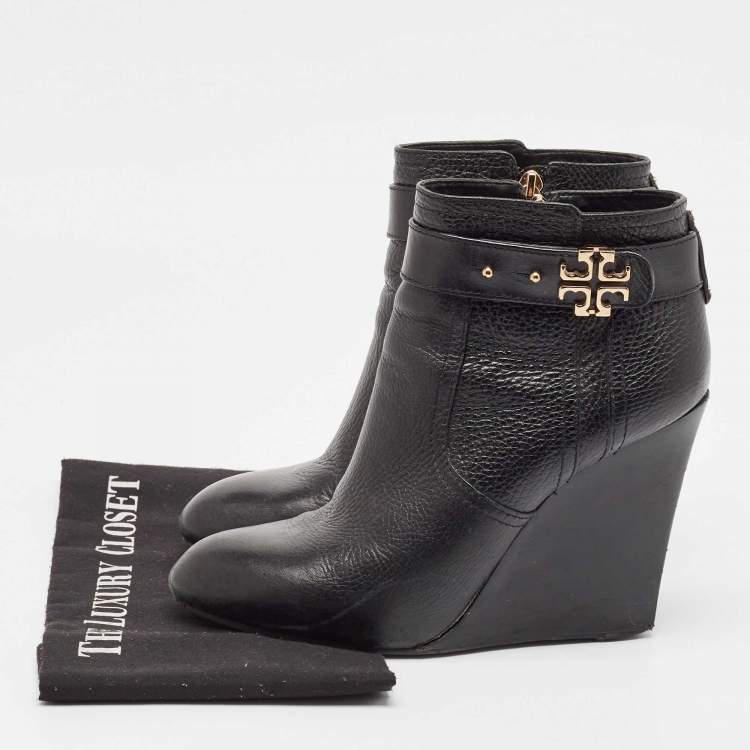 Pre Owned Tory Burch Black Leather Wedge Ankle Length Boots Size 39