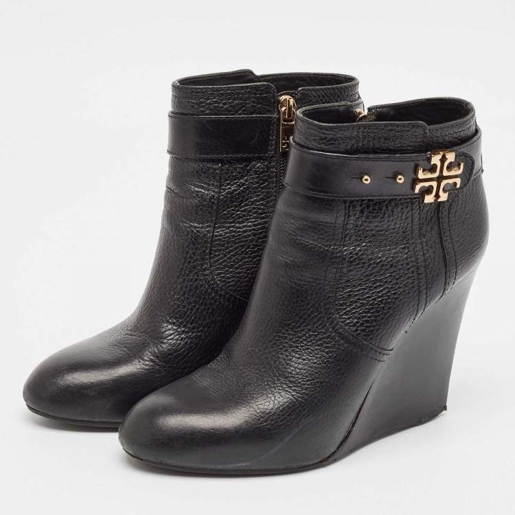 Pre Owned Tory Burch Black Leather Wedge Ankle Length Boots Size 39
