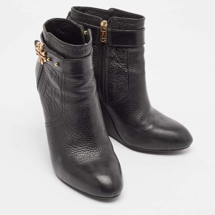 Pre Owned Tory Burch Black Leather Wedge Ankle Length Boots Size 39