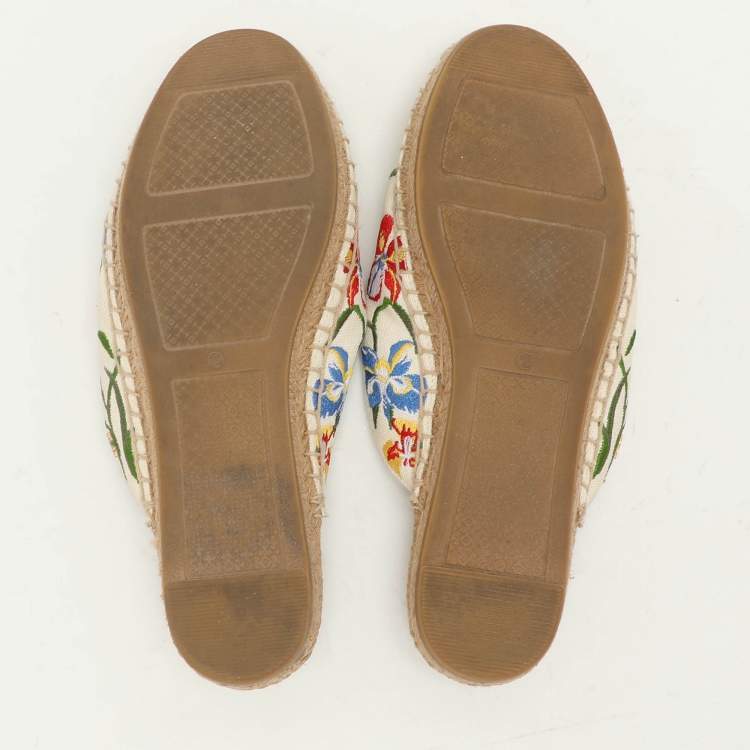 Pre Owned Tory Burch Multicolor Floral Embroidered Canvas Espadrille Mules Size 37.5