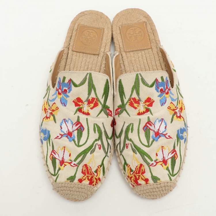 Pre Owned Tory Burch Multicolor Floral Embroidered Canvas Espadrille Mules Size 37.5