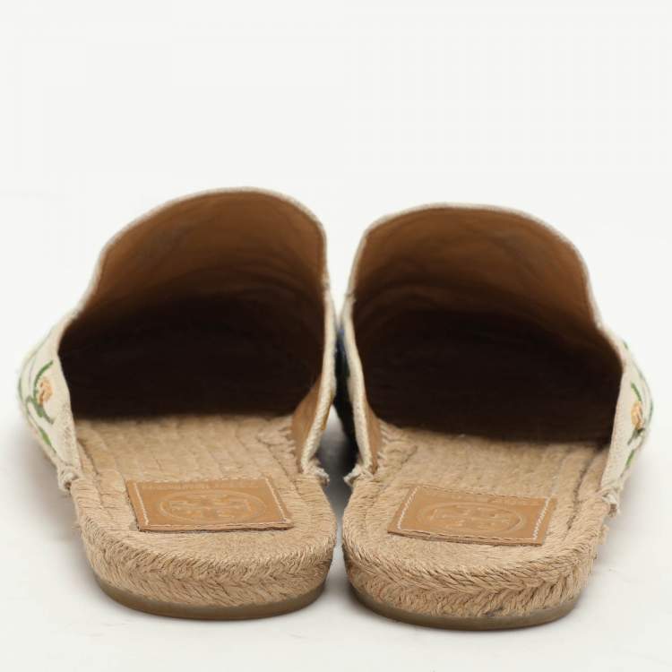 Pre Owned Tory Burch Multicolor Floral Embroidered Canvas Espadrille Mules Size 37.5