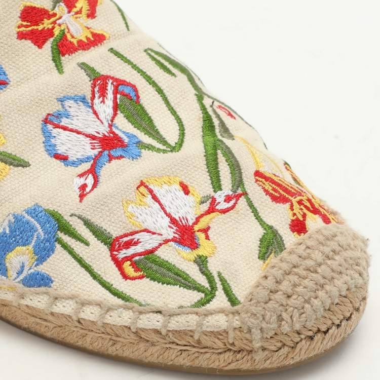 Pre Owned Tory Burch Multicolor Floral Embroidered Canvas Espadrille Mules Size 37.5