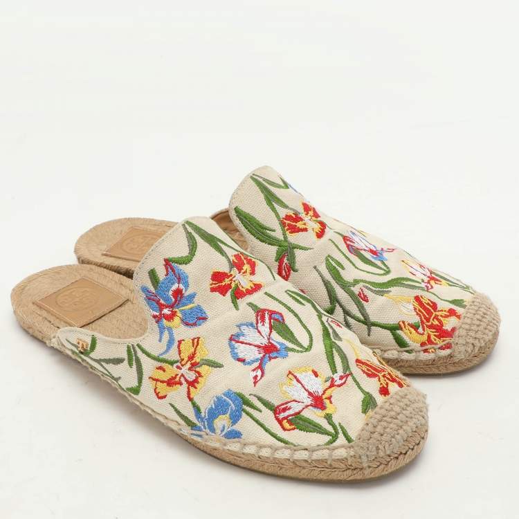 Pre Owned Tory Burch Multicolor Floral Embroidered Canvas Espadrille Mules Size 37.5