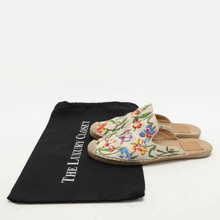 Pre Owned Tory Burch Multicolor Floral Embroidered Canvas Espadrille Mules Size 37.5