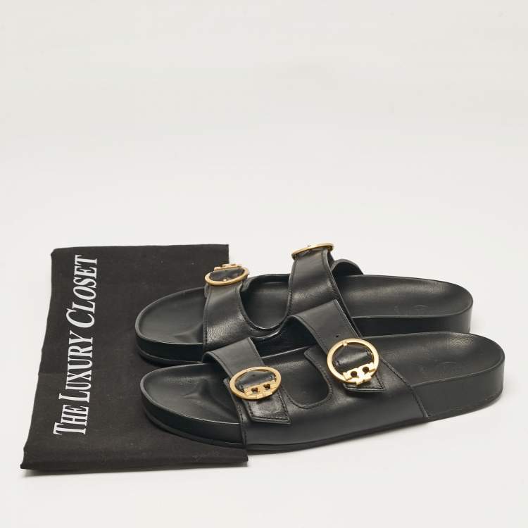 Pre Owned Tory Burch Black Leather Slides Size 38