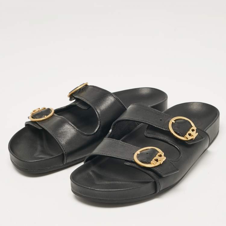 Pre Owned Tory Burch Black Leather Slides Size 38
